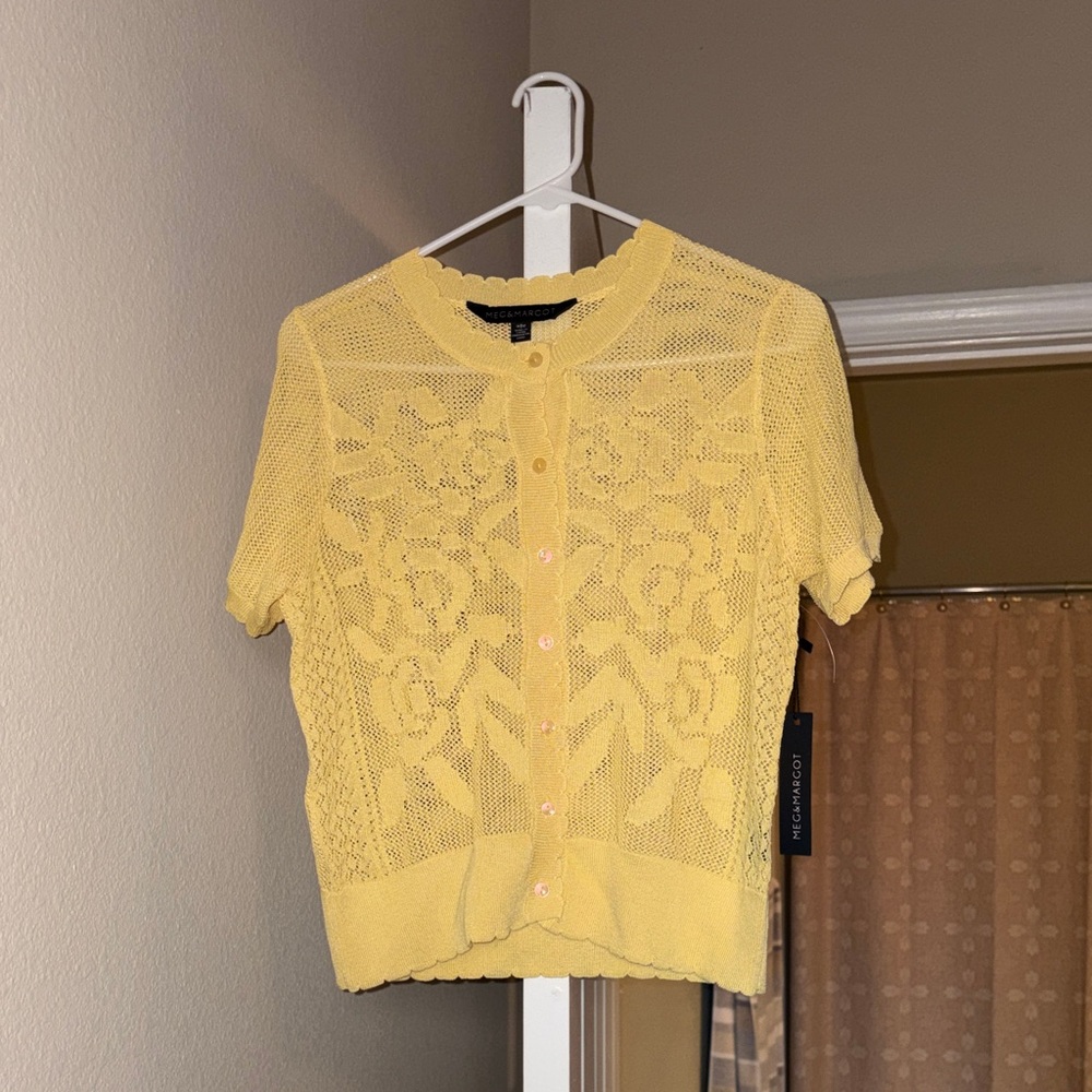 margot Pale Yellow Lace-Knit Short Sleeve Cardigan